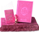 Coffret cadeau priere pour femme : Le Saint Coran de luxe couverture cuir rose - Tapis uni rose - Livre La citadelle du musulman - Diffuseur de parfum Musc d'Or