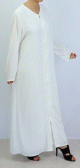 Abaya blanche longue et ample avec broderies et ouverture zip sur le devant