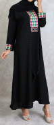 Abaya Dubai de luxe avec broderies et strass fuchsia, vert et or avec son echarpe (Robe longue en ligne)